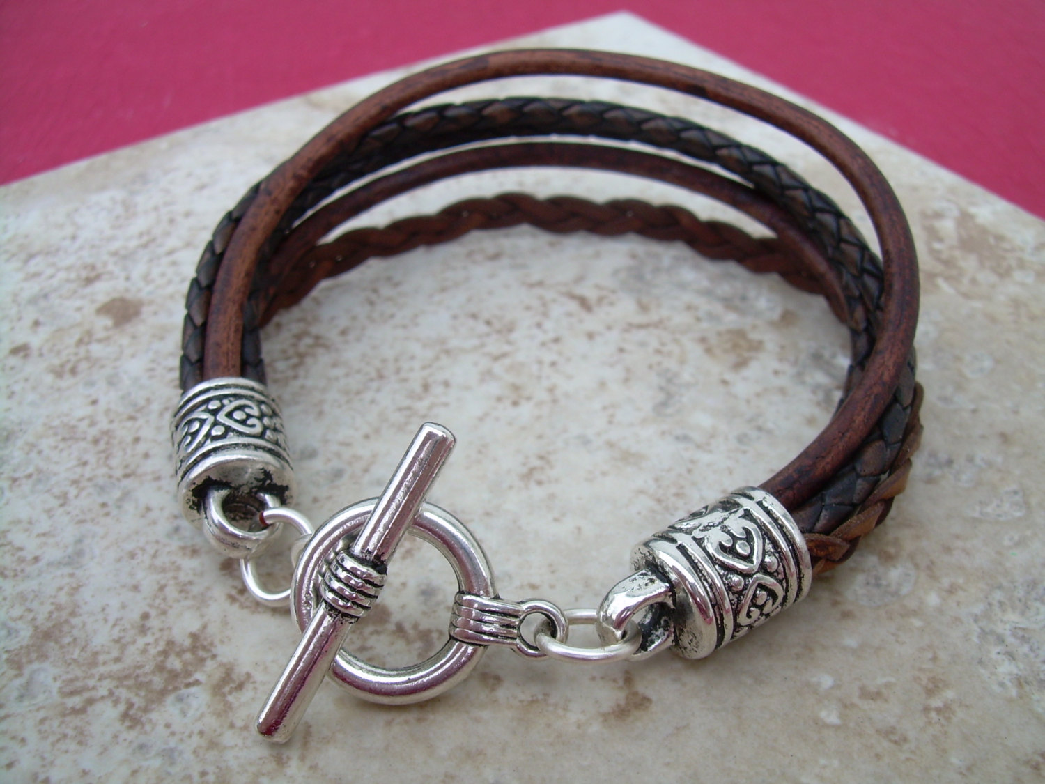 Leather Bracelet With Three Lobster Clasp Heart Charms In Antique Brown ...