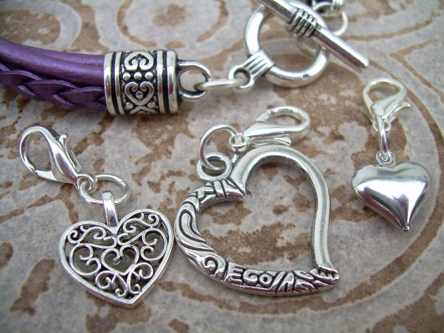 Womens Leather Bracelet With Three Lobster Clasp Heart Charms In