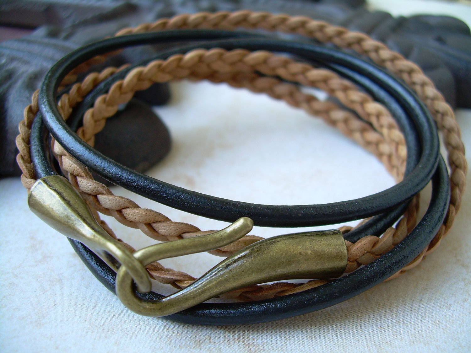 Leather Bracelet Uni Mens Womens Triple Wrap Black And Leather Bracelet Uni Mens Womens Triple Wrap Black And Natural Braid Antique Bronze Hook Clasp
