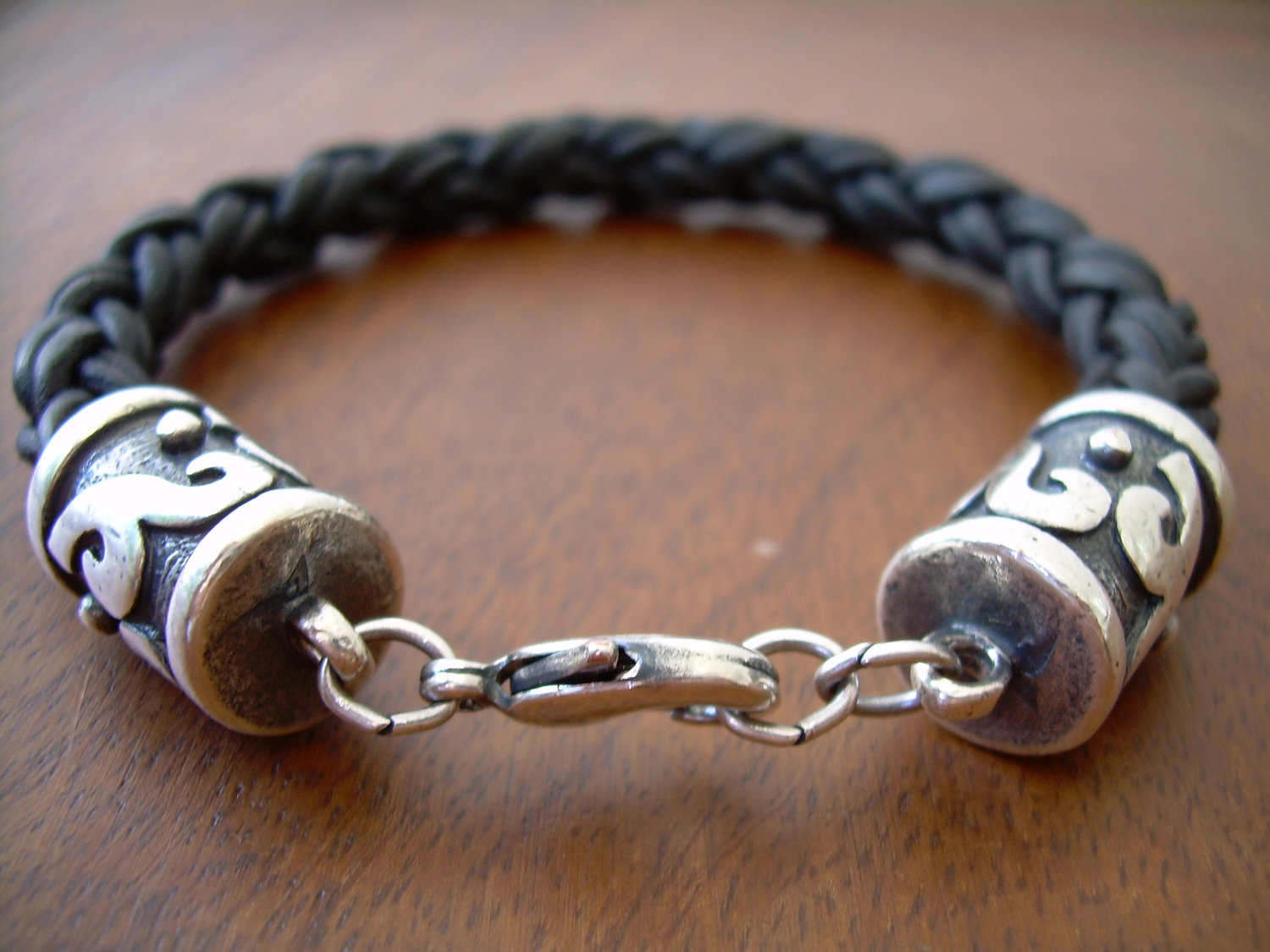 Mens Leather Bracelet With Rhodium Plate Caps And Clasp, Black Braided ...