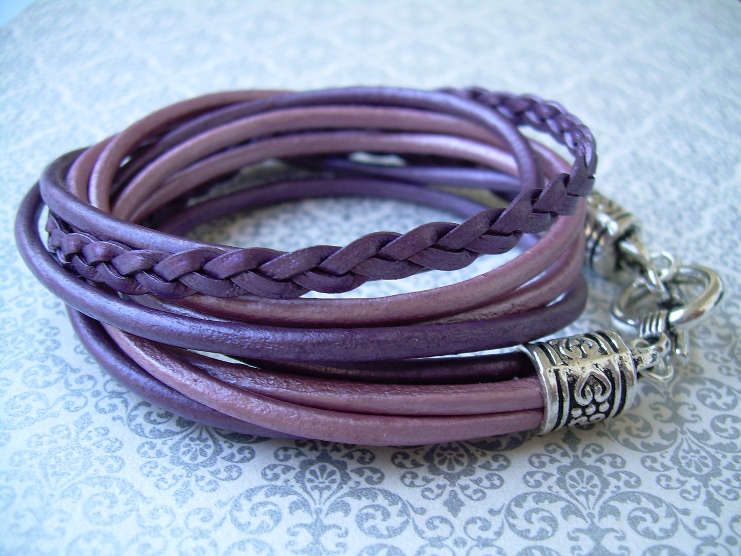 Womens Leather Bracelet, Five Strand, Double Wrap, Metallic Berry And